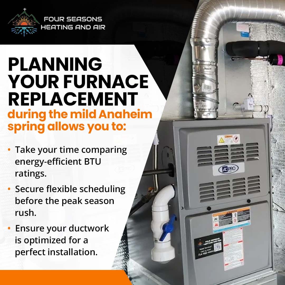 Close-up of a modern AC Pro gas furnace unit, illustrating spring furnace replacement planning and ductwork optimization by Four Seasons Heating & Air.