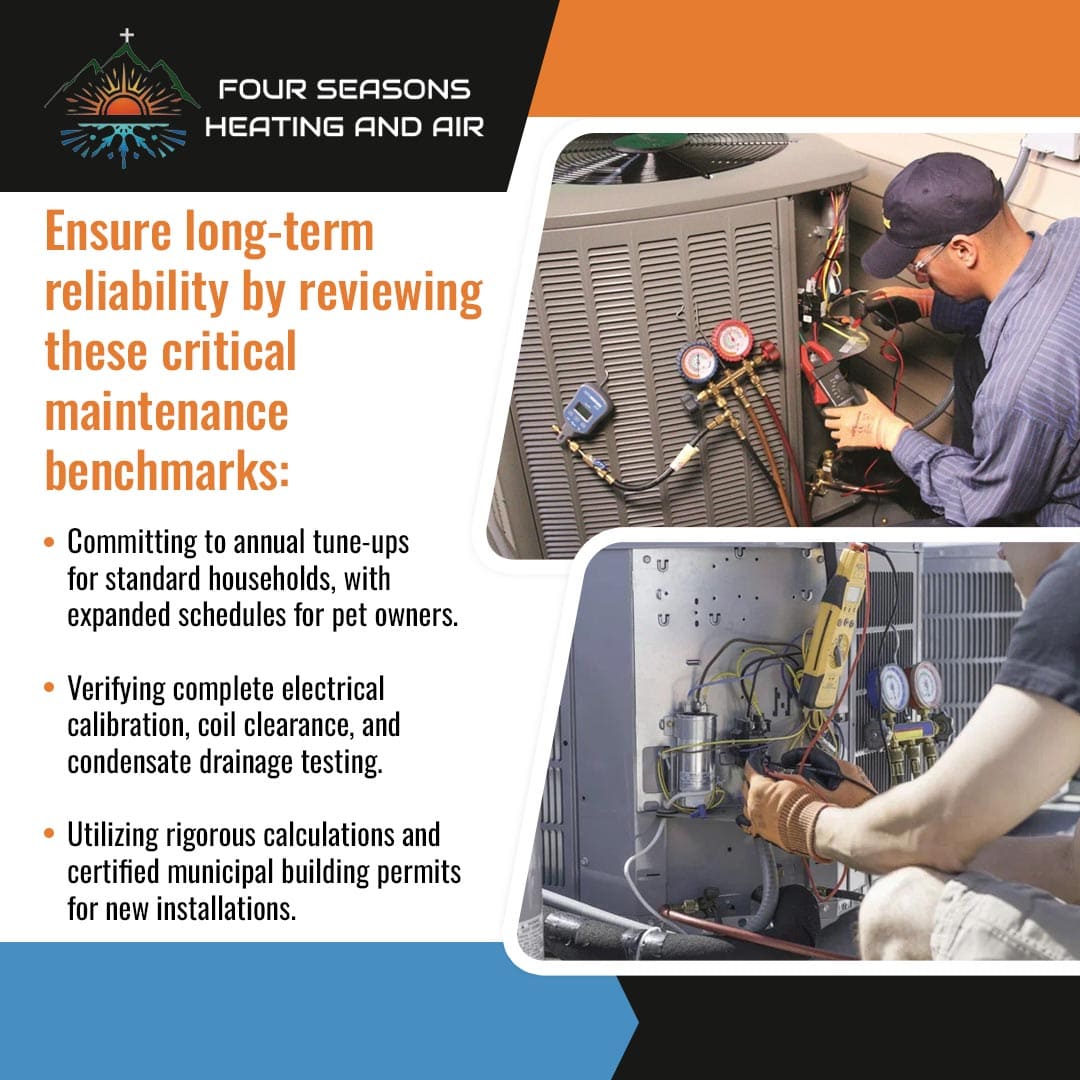 A heating and air technician using gauges to verify electrical calibration and condensate drainage during an annual HVAC tune-up.