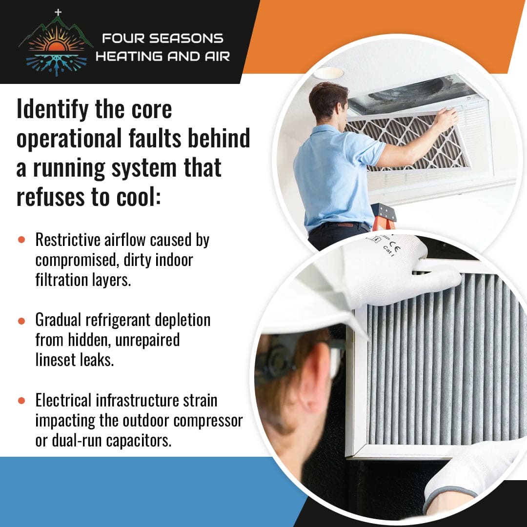 A technician replacing a dirty air filter to resolve restrictive airflow and improve system cooling efficiency.