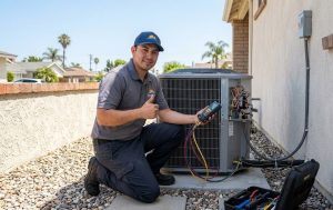 A technician from Four Seasons Heating & Air performing a professional AC maintenance tune-up on a residential outdoor unit in Anaheim.