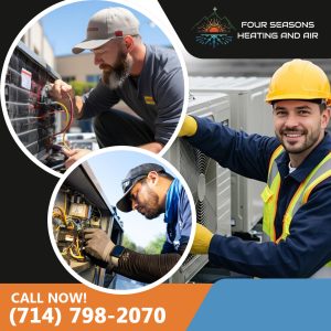 Collage of skilled technicians from Four Seasons Heating and Air performing complex electrical troubleshooting, coil maintenance, and diagnostics on outdoor air conditioning condensers.