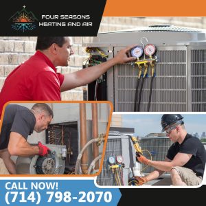 Collage showing professional Four Seasons Heating and Air technicians diagnosing residential and commercial air conditioning units using pressure gauges and digital multimeters.