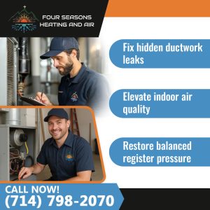 Graphic by Four Seasons Heating and Air detailing services to fix hidden ductwork leaks, elevate indoor air quality, and restore balanced register pressure, alongside technicians working on indoor furnaces and coils.