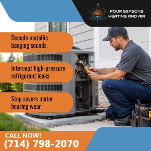A Four Seasons Heating and Air promotional image detailing services to decode metallic banging sounds, intercept high-pressure refrigerant leaks, and stop severe motor bearing wear, featuring a technician checking an outdoor AC condenser.
