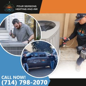 Collage showing professional Four Seasons Heating and Air technicians inspecting outdoor air conditioning units with diagnostic tools and standing proudly next to a branded company service truck.